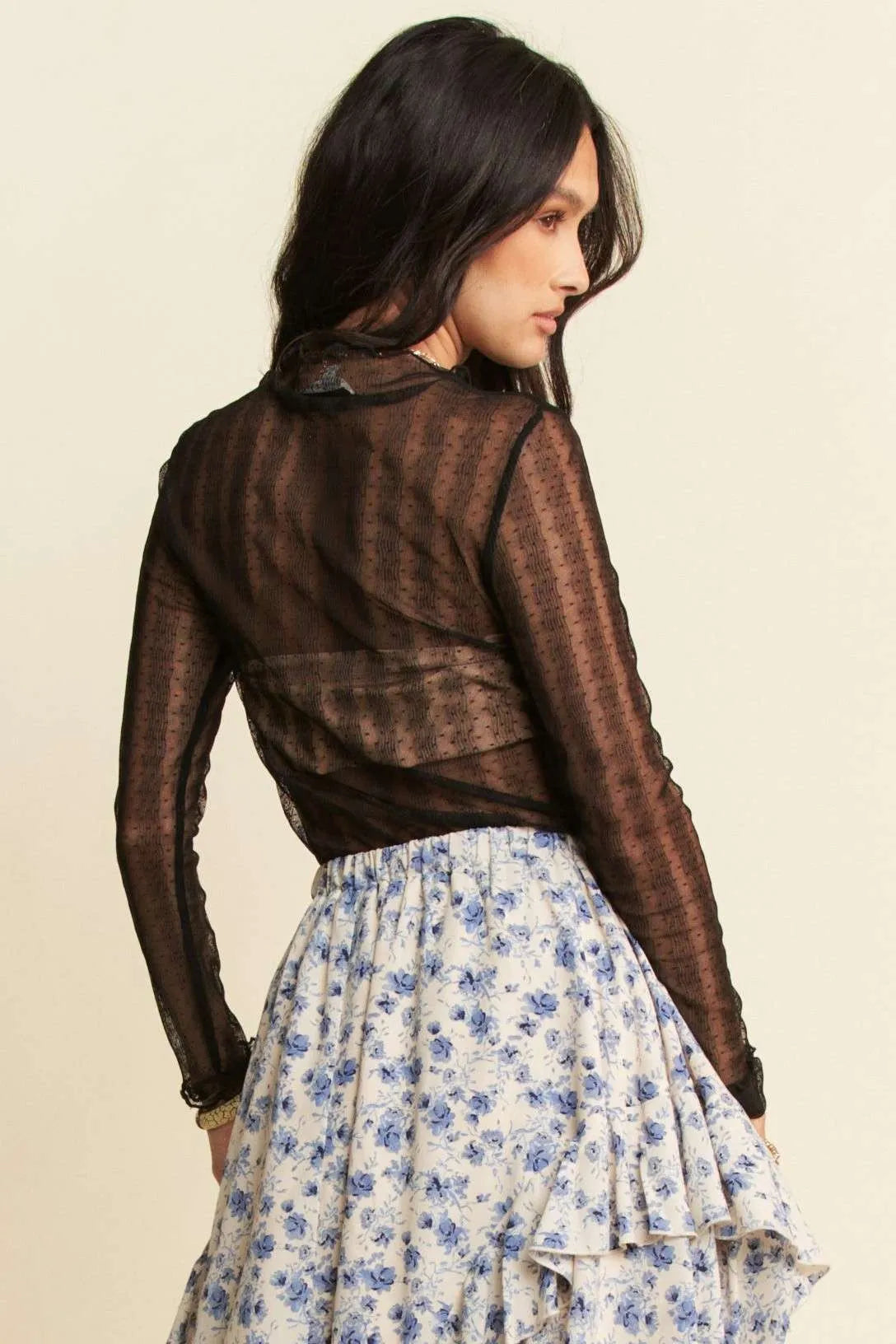 Davi & Dani Turtle Neck Lace Dotted Stretch Mesh Sheer Top - Love Salve